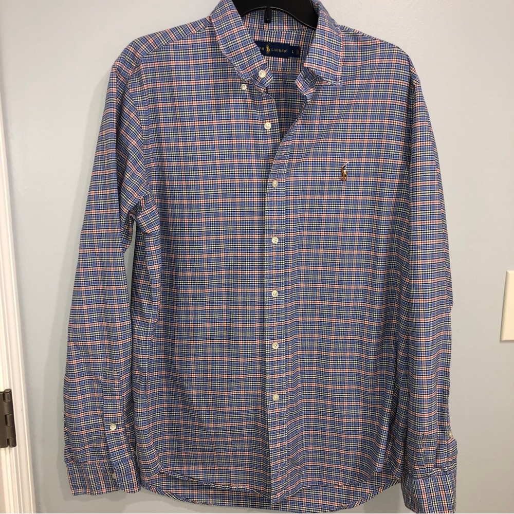 RALPH LAUREN Oxford Plaid Blue Red Cotton Shirt Men’s Size Large
